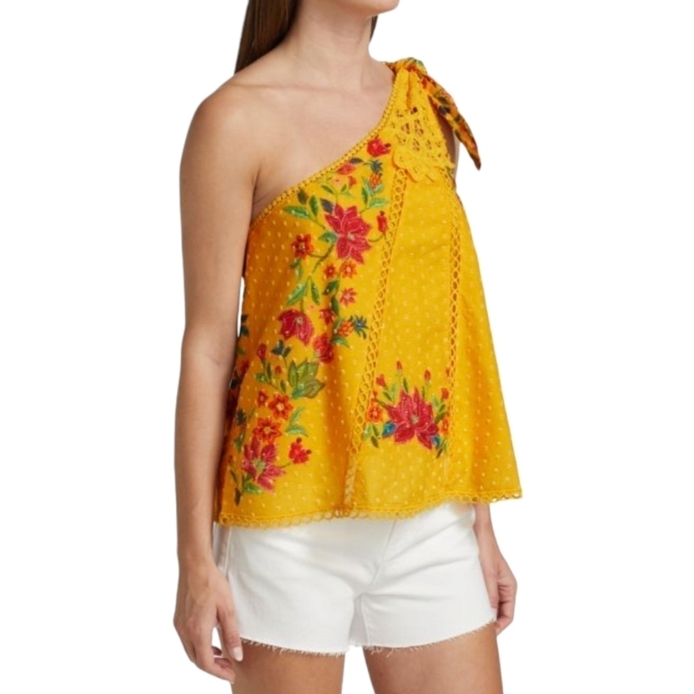 Farm Rio Yellow Flower Dream Embroidered One-Shoulder Blouse - Size Small